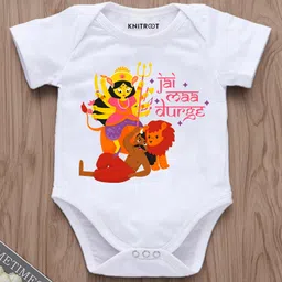 KNITROOT Durga Theme Half Sleeves Jai Maa Durga Text Printed Onesie - White-picture-18