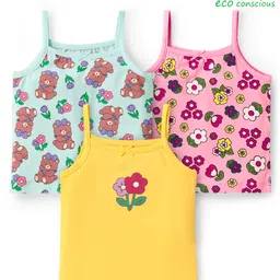 Babyoye Cotton Elastane Knit Sleeveless Slips With Floral & Bear Print Pack Of 3 - Yellow Pink & Light Blue-picture-23