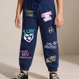 Babyhug Terry Knit Full Length Lounge Pant with I Love Text Print - Navy Blue-image-88