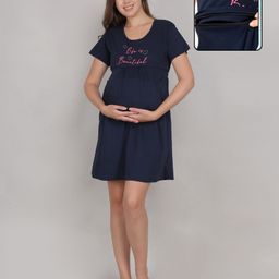 Fabme Cotton Jersey Half Sleeves Life Is Beautiful Text Printed Maternity Nighty With Nursing Access - Navy Blue-image-83