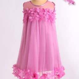 Enfance Sleeveless Floral Applique Stone Embellished Flared Dress With Headband - Onion Pink-picture-4