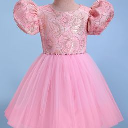 Mark & Mia Half Puffed Sleeves Party Dress With Floral Foil Print - Pink-image-85
