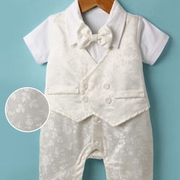 Mark & Mia Woven Half Sleeves Floral Printed Party Romper With Attached Waistcoat & Bow - White-image-88
