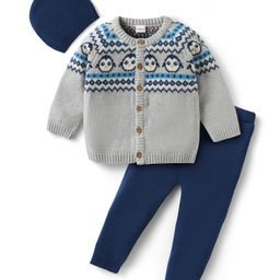 Babyhug Knit Full Sleeves Sweater Set with Cap & Penguin Design - Grey & Navy Blue-image-45