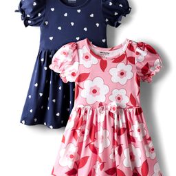 Honeyhap Premium Cotton Knit Bio Finish Half Sleeves Frock with Floral Heart Print & Bow Applique Pack of 2 - Navy Blue & Pink-picture-12