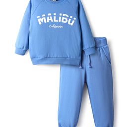 Bonfino 100% Cotton Fleece Knit Full Raglan Sleeves Sweatshirt & Joggers Set With Malibu Print - Blue-image-13