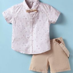 ToffyHouse Poplin Woven Half Sleeves Floral Printed Shirt & Shorts With Bow & Suspender - Light Pink & Khaki-image-79