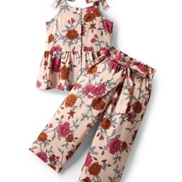 CrayonFlakes Rayon Knit Sleeveless Floral Printed Coordinating Top & Palazzo Set - Peach-image-61