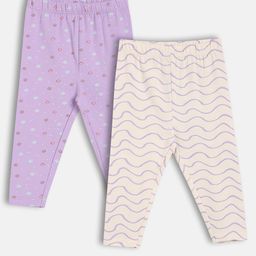 MINI KLUB Cotton Knit Pack Of 2 Floral & Waves Printed Leggings - Pink & Lilac-image-83