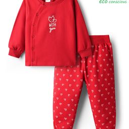 Babyoye Cotton Knit Full Sleeves Winter Wear T-Shirt & Lounge Pant With Heart Print - Red-picture-34