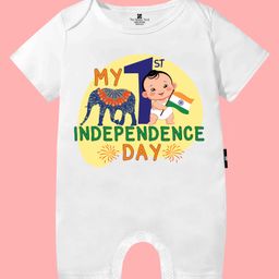 The Peppy Tend 100% Cotton Knit Independence Day Theme Half Sleeves My 1st Independence Day Text Printed Romper - White-image-58
