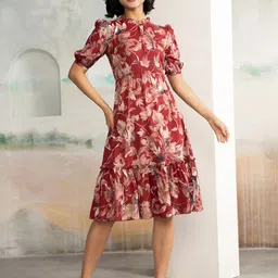 DressBerry Women Floral Printed Keyhole Neck Puff Sleeve Crepe Fit & Flare Dress-image-48