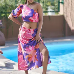 Curvy Lane Printed Top & Skirt Swimwear Cover up Set-image-43