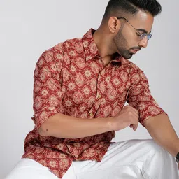 Cotton Curio Men Comfort Fit Spread Collar Ethnic Motifs Printed Cotton Casual Shirt-image-1