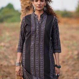 Chidiyaa Black WWB Gentle Flutter Block Printed Regular Fit Kurti-image-29