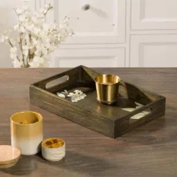 ellementry Frangipani Brown Wood Rectangular Serving Tray - Set of 1-15