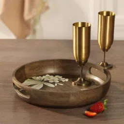 ellementry Frangipani Brown Mango Wood Round Serving Tray - Set of 1-93