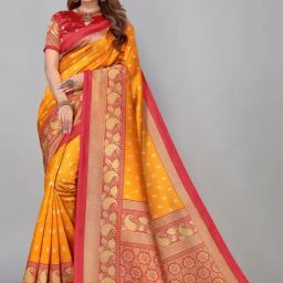 Satrani Orange Woven Saree With Unstitched Blouse-picture-1