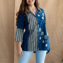 The Indian Ethnic Co Indigo Ajrakh Handblock Printed Cotton Loose Shirt with Hand Embroidery Details & 3/4th Sleeves-image-59