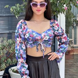 TANDUL Women Floral Print Sweetheart Neck Puff Sleeves Fitted Crop Top-image-6