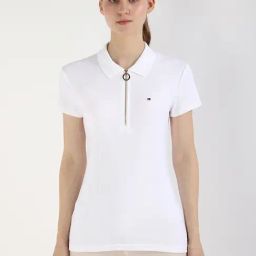 TOMMY HILFIGER White Cotton Solid Short Sleeve Polo T-Shirt-image-38