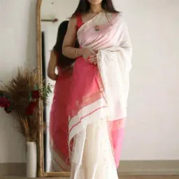 Satrani White & Pink Cotton Woven Saree With Unstitched Blouse-picture-13