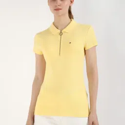 TOMMY HILFIGER Yellow Cotton Solid Short Sleeve Polo T-Shirt-image-62