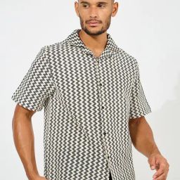 Styli Black & Off White Relaxed Fit Printed Cotton Shirt-image-22