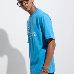 Nuon by Westside Blue Text Design Relaxed-Fit Cotton T-Shirt-image-32