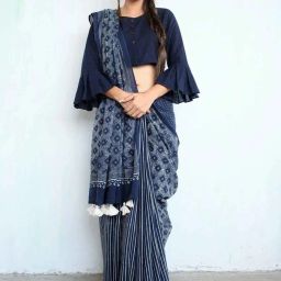 Chidiyaa Blue Block Printed Cotton Mul Saree image 1