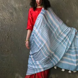 Chidiyaa Red & Blue Block Printed Modal Silk Saree image 1