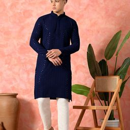 7 GEN Floral Embroidered Sequinned Mandarin Collar Straight Kurta-picture-12