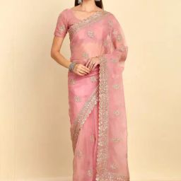 Soch Womens Blush Pink Sequinned Embellished Organza Saree With Zardosi-image-1
