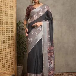 Saree Mall Black Linen Self Saree with Blouse Piece-picture-24