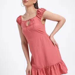 glitchez Prima Donna Tie-up Neck Puff Sleeves Gathered Detail Mini A-Line Dress-image-71