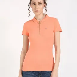 TOMMY HILFIGER Peach Cotton Solid Short Sleeve Polo T-Shirt-picture-39