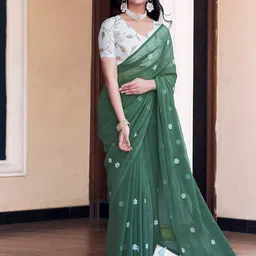 DIVASTRI Floral Embroidered Pure Georgette Dabu Saree-image-46