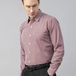 English Navy Maroon Slim Fit Checks Shirt-image-97