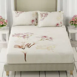 Boutique Living India Cream Printed Cotton 300 TC Super King Bedsheet Set 3.05 x 3.05m-picture-32