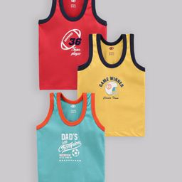 Zero Sleeveless Cotton Vests Text Print Pack Of 3 - Yellow Red Blue-27