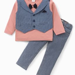 ToffyHouse Full Sleeves T-Shirt Solid with Striped Trouser & Waistcoat & Bow- Grey & Pink-image-74