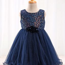 Babyhug Sleeveless Sequinned Party Frock With Floral Corsage- Navy Blue-image-93