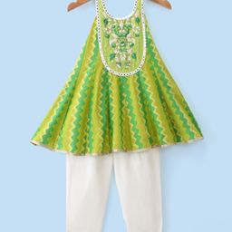 Twisha Sleeveless Floral Embroidered Chevron Designed A Line Kurta With Palazzo - Green & White-image-17