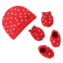 Babyhug 100% Cotton Knit Cap Mittens & Booties Set Heart Print- Red-image-33