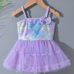 Kookie Kids Sleeveless Printed  Frock Swimsuit & Bow Applique - Purple-image-92