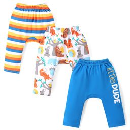 Babyhug Cotton Knit Full Length Striped Diaper Leggings Animal Print Pack of 3 - Multicolour-image-62
