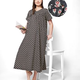 Bella Mama Cotton Woven Half SleevesFloral Printed Maternity Nursing Nighty - Black-picture-8