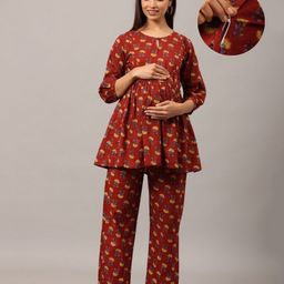 Ikk Kudi by Seerat Cotton Woven Three Fourth Sleeves Floral Boota Printed Peplum Top With Zipper Nursing Access & Pant Set - Red-image-53