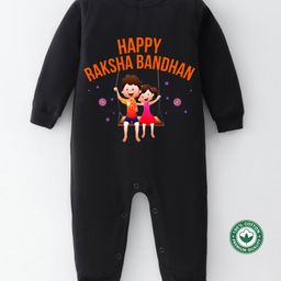 BLUSHES Rakhi Theme 100% Cotton Full Sleeves Happy Raksha Bandhan Text Printed Romper - Black-image-17