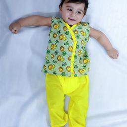 BownBee Pure Cotton Sleeveless Lion Printed Kurta Pajama Set - Green-image-52